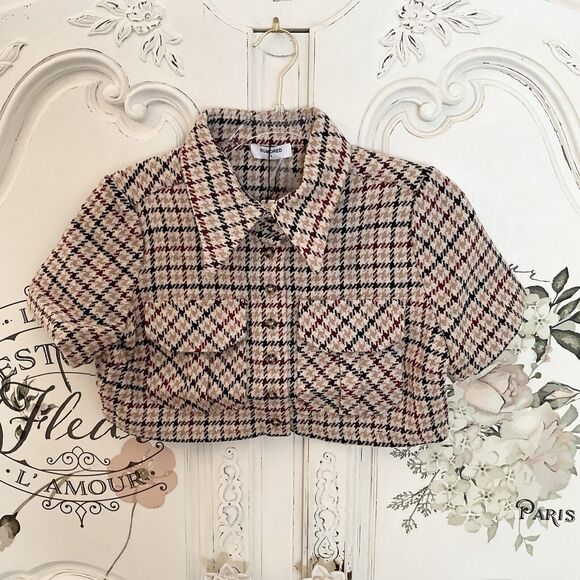 Rumored Coco Top Newbury Plaid Tweed Cropped Brown Maroon Gold, Size S NWT - Picture 4 of 10